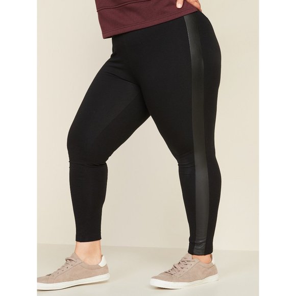 Old Navy High Waisted Leggings Women 3X Plus Size Faux Leather Side Stripe Black - Picture 1 of 7